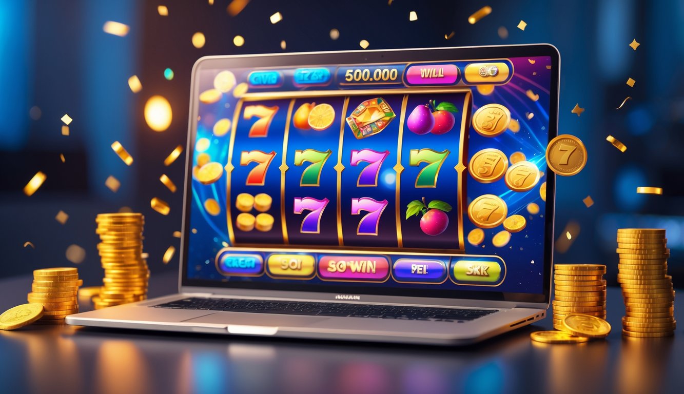Layar komputer menampilkan permainan mesin slot dengan simbol warna-warni dan koin berserakan di sekitarnya.