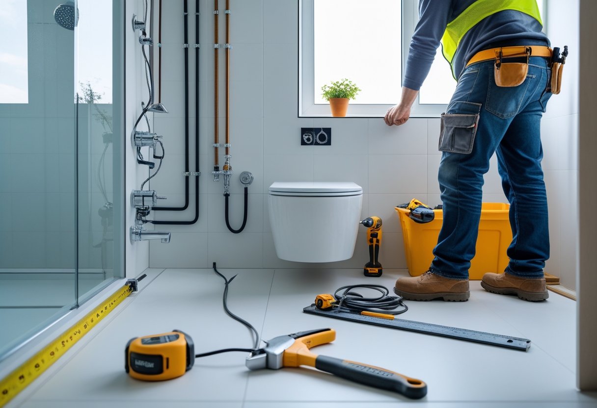 Reformas de baños en Huelva | Cerca de mí con OBRASUR: Guía completa y servicios 7 Baño en reforma con instalaciones de tuberías y sistemas visibles, herramientas y trabajadores realizando la instalación.