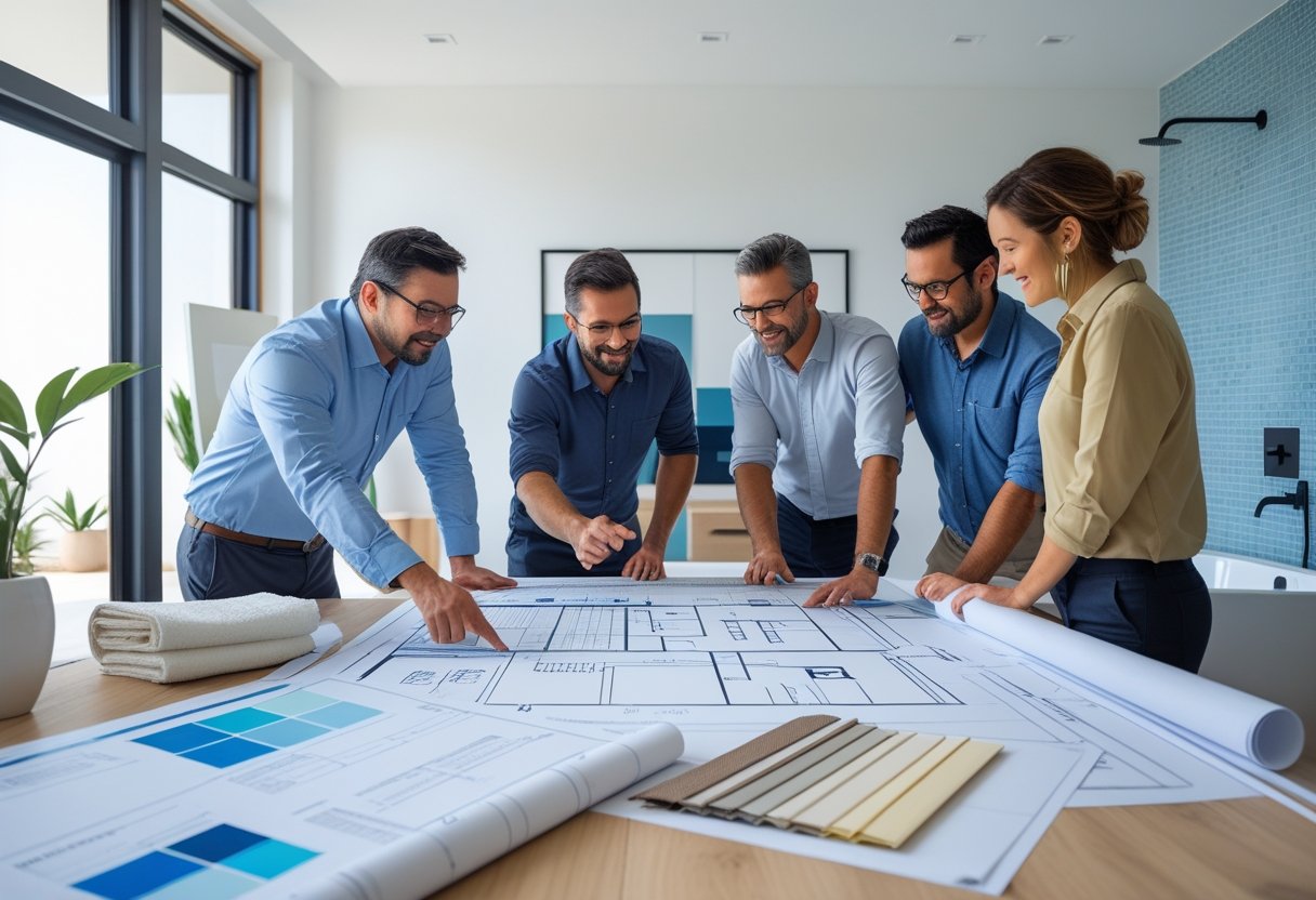 Reformas de baños en Huelva | Cerca de mí con OBRASUR: Guía completa y servicios 8 Equipo de profesionales planificando la reforma de un baño con planos y muestras sobre una mesa en una oficina luminosa.