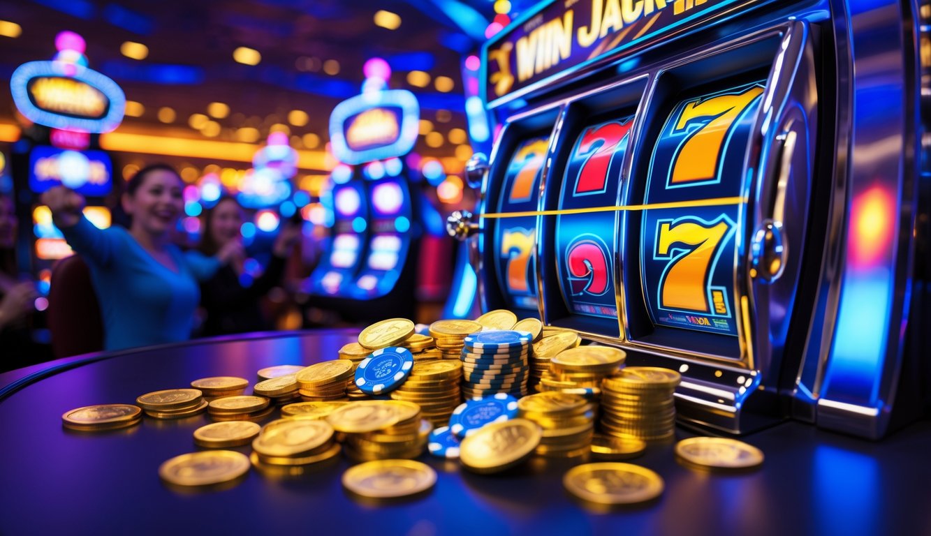 Mesin slot modern dengan lampu warna-warni dan koin emas yang tumpah, menandakan kemenangan jackpot besar di kasino.