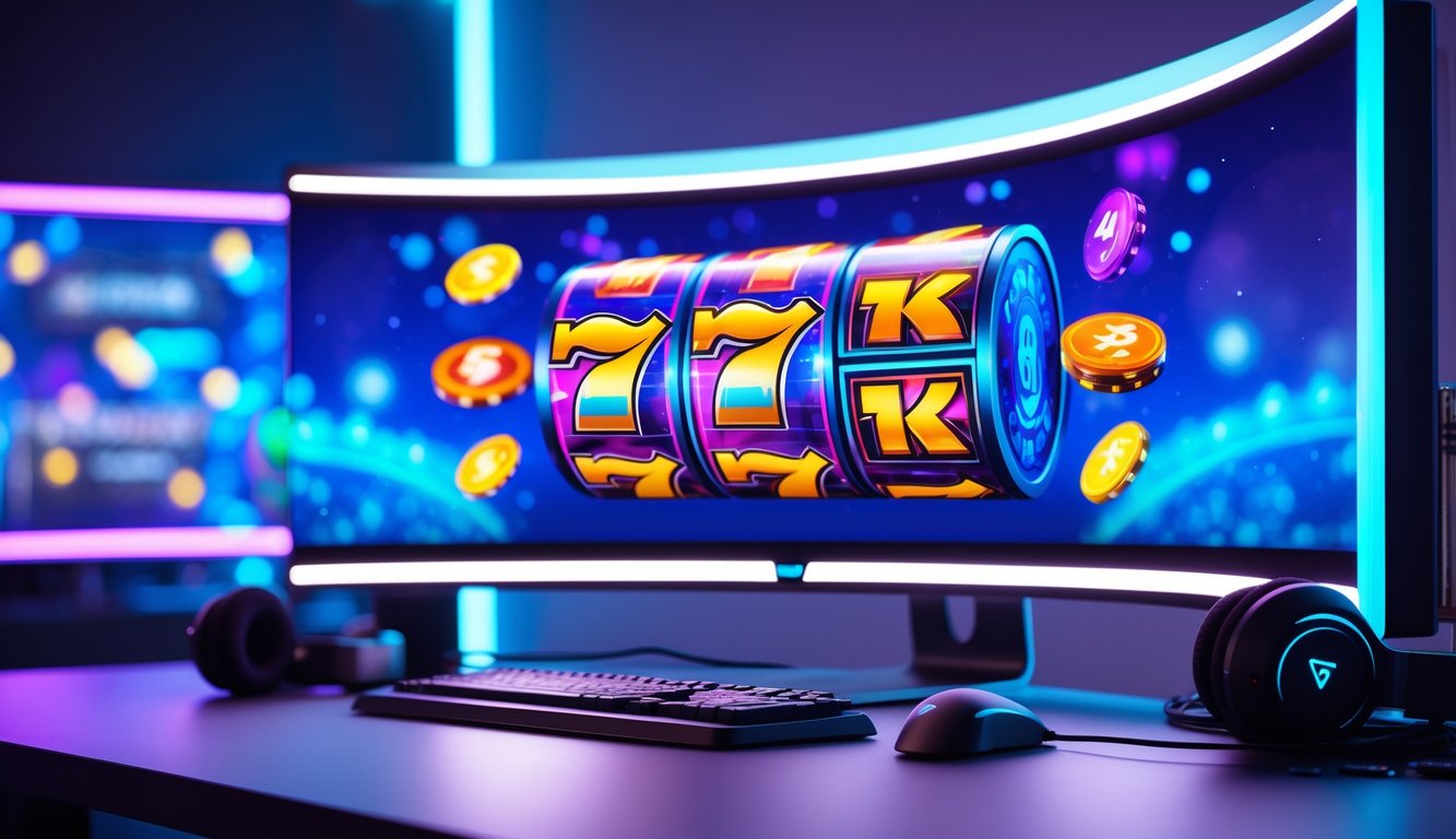 Meja komputer modern dengan monitor menampilkan permainan slot warna-warni dan aksesoris gaming di sekitarnya.