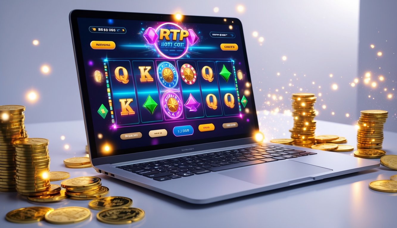 Seorang pemain sedang menggunakan komputer dengan tampilan permainan slot online yang penuh warna dan simbol keberuntungan seperti koin emas dan chip poker di sekitarnya.