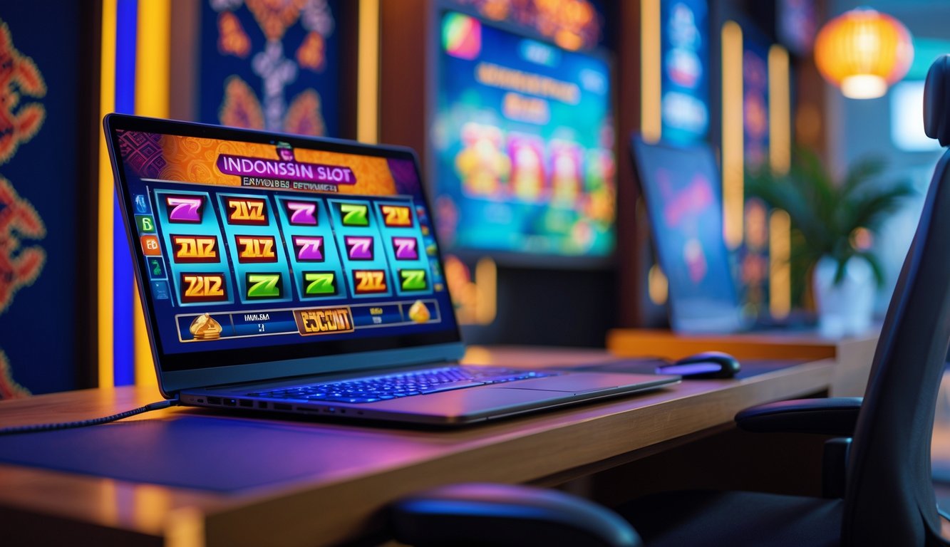 Seorang pria duduk di depan komputer dengan layar menampilkan permainan slot berwarna-warni, di latar belakang terdapat pola batik dan elemen budaya Indonesia.