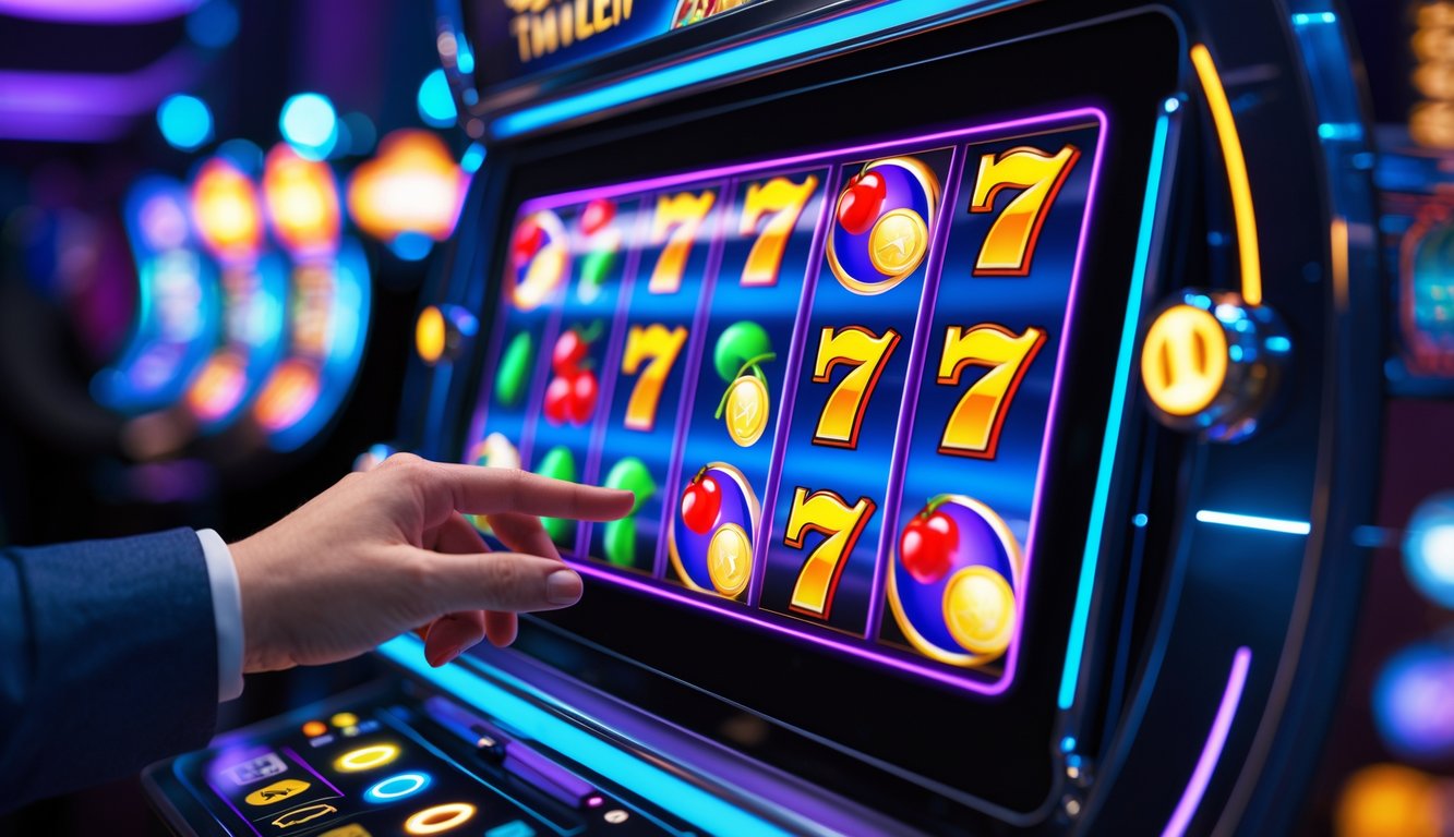 Tampilan layar mesin slot digital dengan simbol berwarna cerah dan tangan pengguna yang sedang menekan tombol putar.