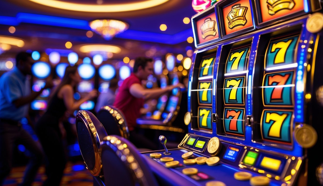 Mesin slot berwarna cerah dengan lampu menyala dan koin jatuh, di latar belakang orang-orang merayakan kemenangan di kasino.