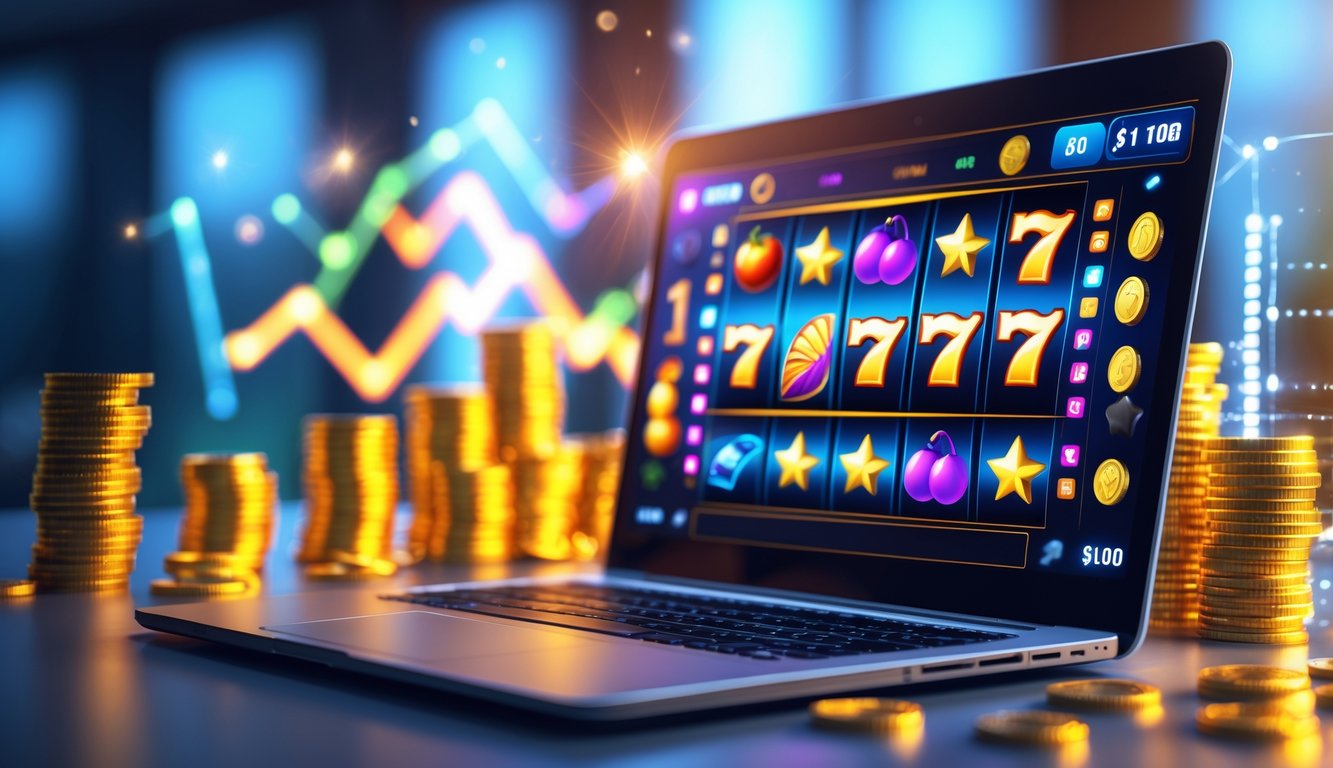 Seorang pengguna duduk di depan laptop yang menampilkan permainan mesin slot dengan ikon warna-warni dan tumpukan koin emas di meja.