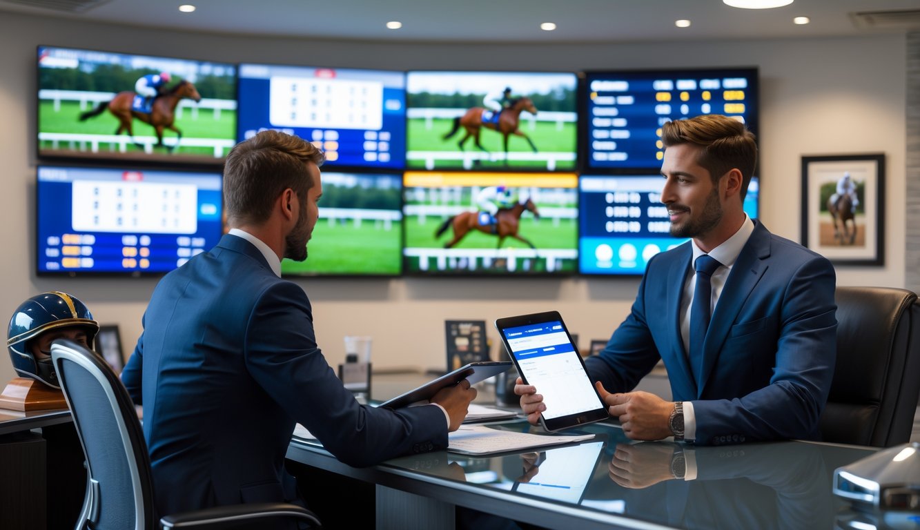 Seorang agen balap kuda resmi sedang membantu klien di kantor dengan layar besar menampilkan balapan kuda di latar belakang.