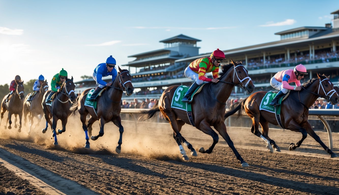 Beberapa kuda pacuan dengan joki berwarna-warni sedang berlari cepat di lintasan balap dengan penonton di latar belakang.
