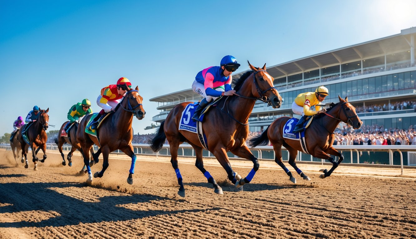 Beberapa kuda pacuan dengan joki berlari cepat di lintasan balap dengan tribun penonton ramai di latar belakang.