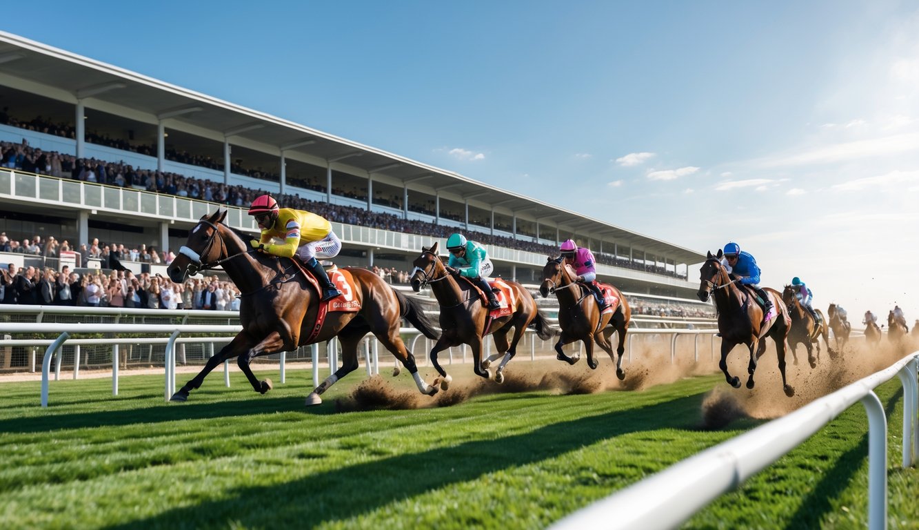 Adegan balap kuda dengan beberapa kuda dan joki yang sedang berlari di lintasan balap dengan penonton di tribun.