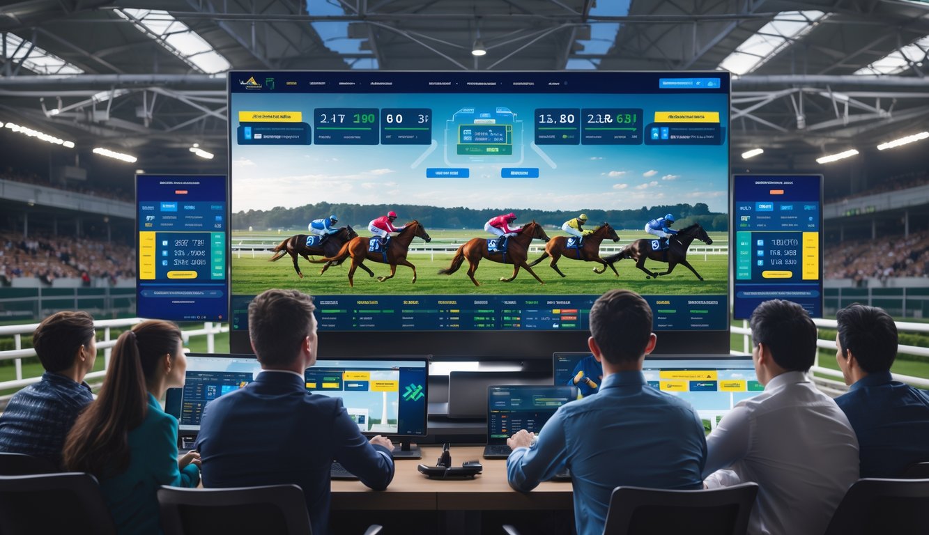 Lomba pacuan kuda dengan tampilan digital dan kuda berlari di lintasan balap ramai.