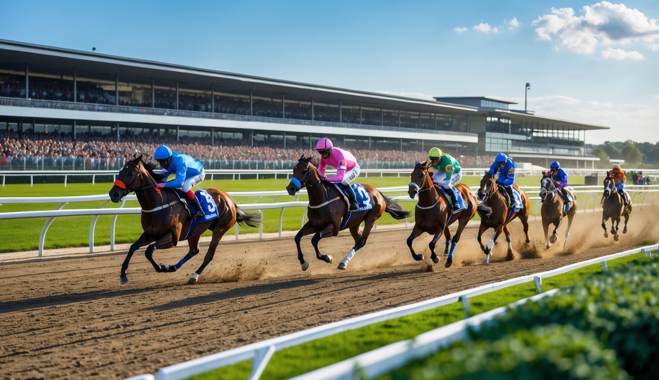 Beberapa kuda pacu sedang berlari cepat di lintasan balap dengan penonton di tribun dan langit cerah.