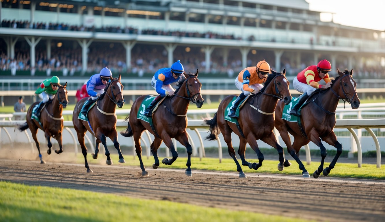 Beberapa kuda pacu sedang berlari cepat di lintasan dengan joki mengenakan seragam warna-warni, di depan tribun penonton yang ramai.