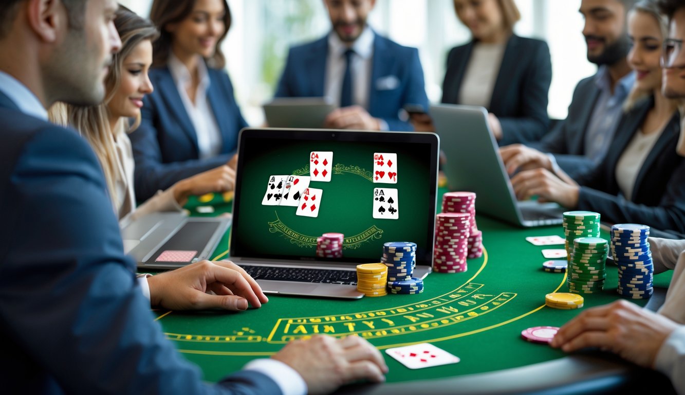 Suasana permainan blackjack online dengan meja hijau, kartu, chip poker, dan pemain menggunakan laptop serta ponsel.