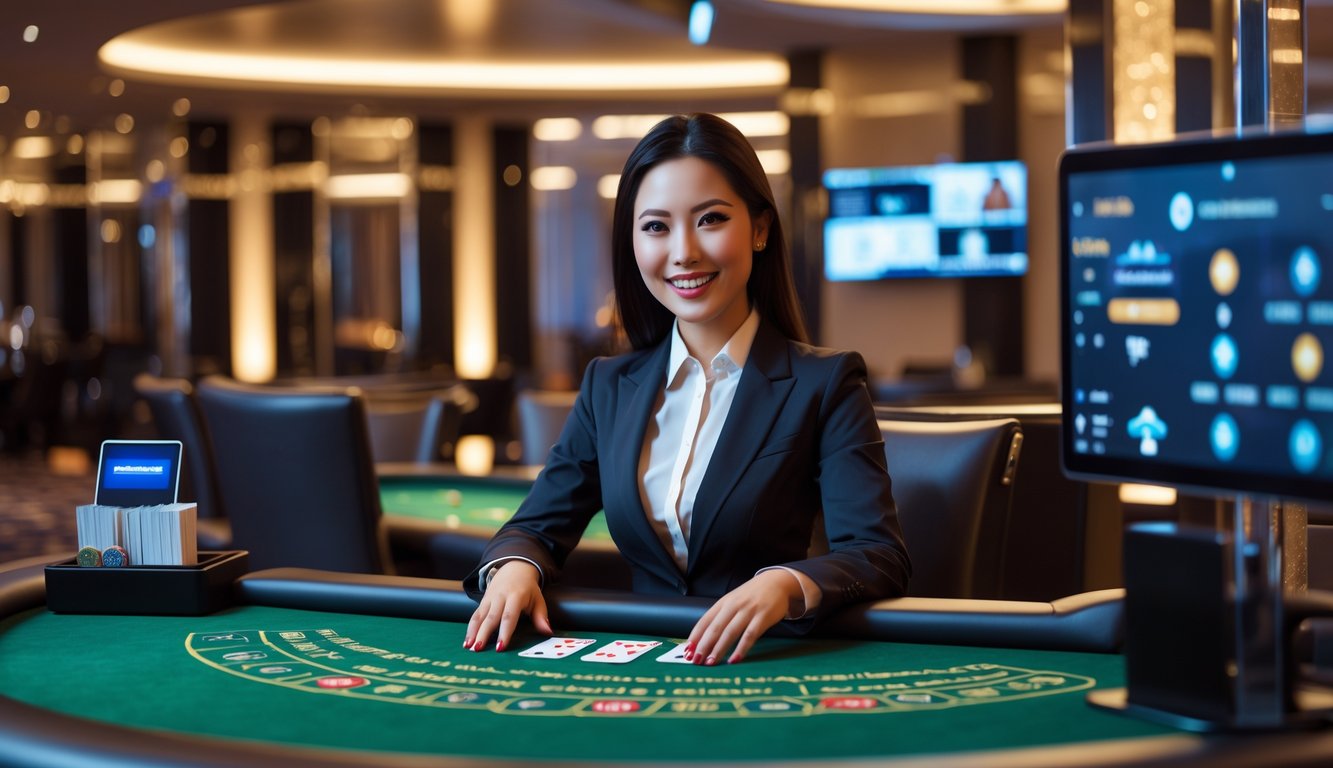 Seorang dealer wanita duduk di meja blackjack dengan kartu dan chip, dalam suasana kasino yang profesional dan terang.