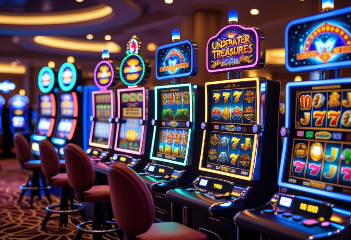A casino scene with several slot machines featuring different colorful themes like fruits, ancient Egypt, dragons, underwater treasures, and sci-fi symbols.