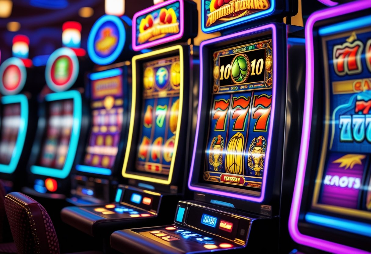 A row of colorful slot machines with different themed designs inside a casino.