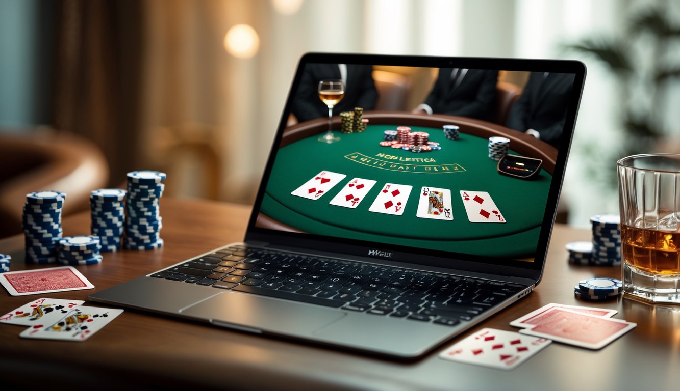 Sebuah meja blackjack digital ditampilkan di layar komputer dengan kartu dan chip poker di sekitarnya.