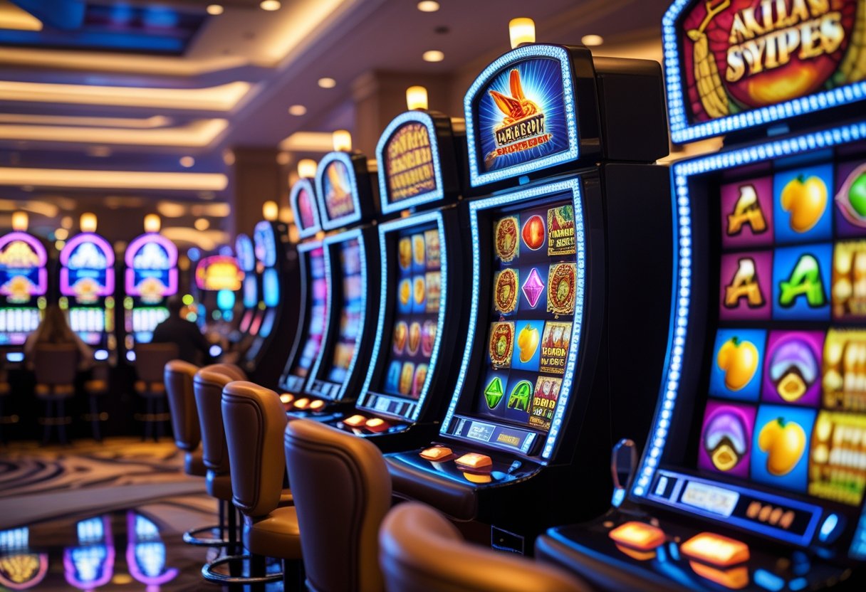 A casino floor with multiple slot machines displaying different colorful themes and symbols, with players in the background.