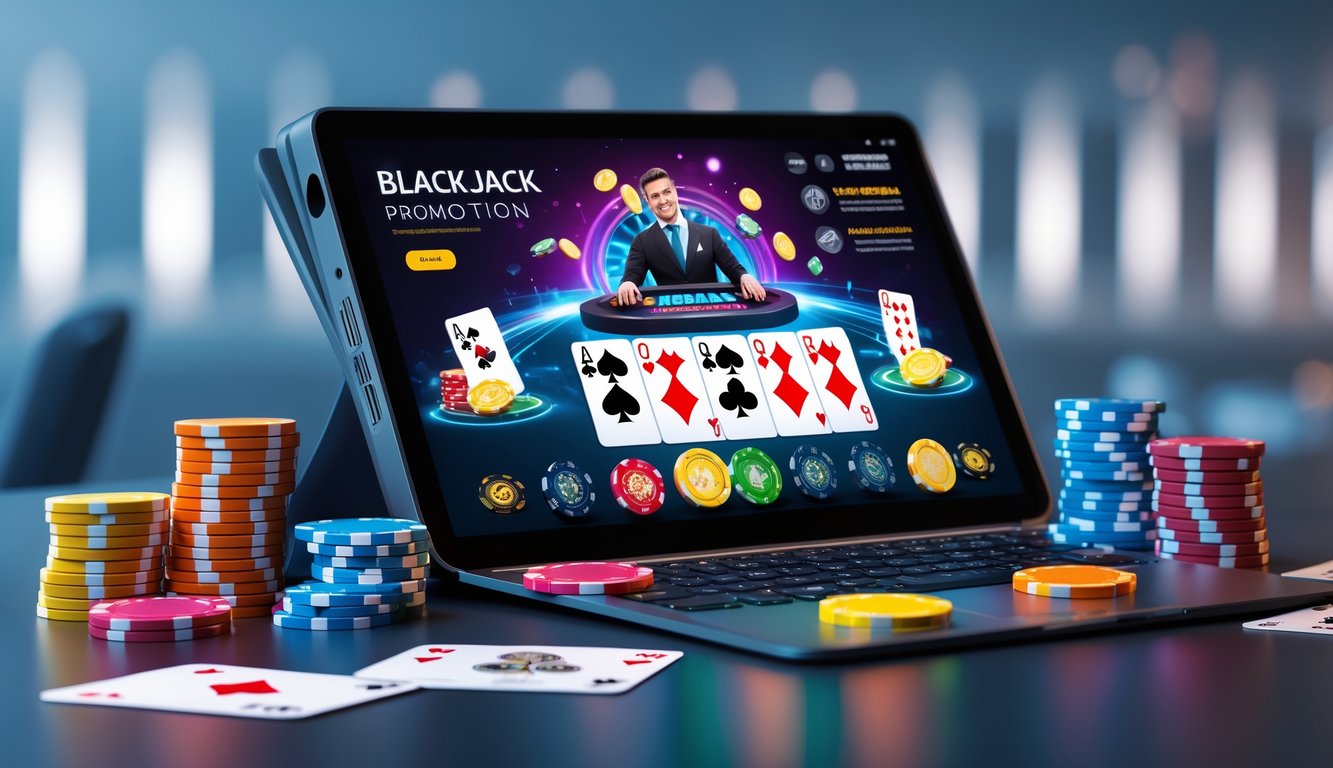 Sebuah laptop menampilkan permainan blackjack online dengan kartu dan chip kasino di sekitarnya.
