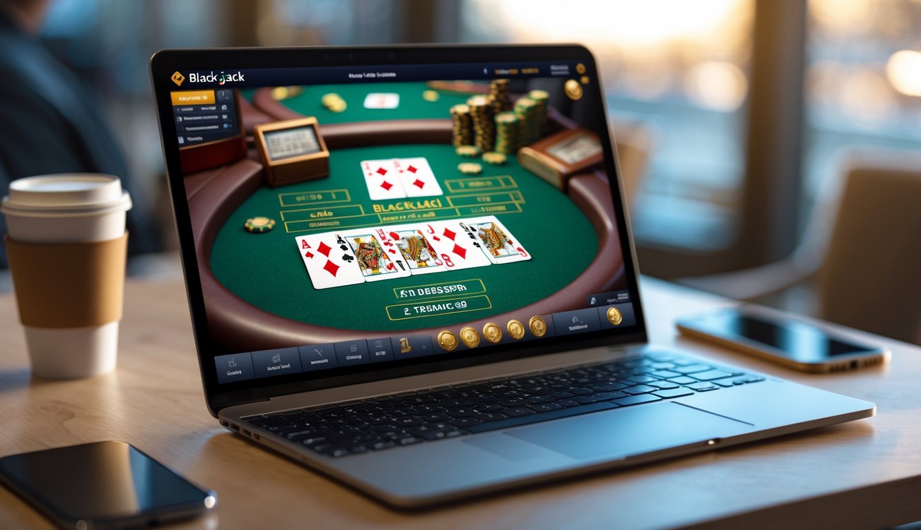 Sebuah laptop di atas meja kayu dengan tampilan permainan blackjack online yang menampilkan kartu dan chip di layar.