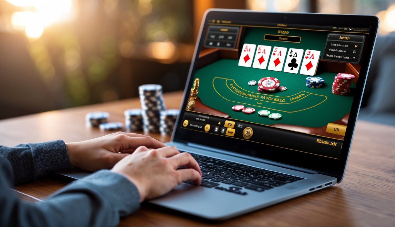 Seseorang bermain blackjack online di laptop dengan tumpukan chip di meja kayu modern.