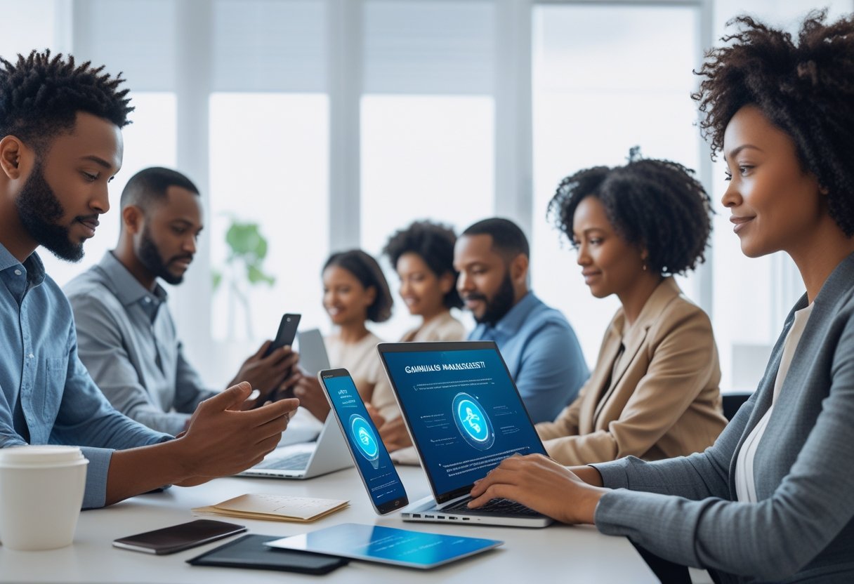 A group of adults using digital devices in a calm setting, symbolizing responsible gambling management.