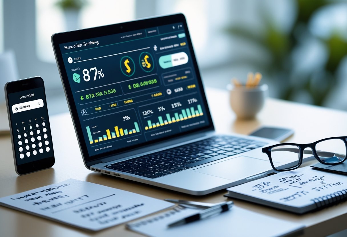 A workspace showing a laptop with gambling statistics, a smartphone with notifications, and a notepad with notes about budgeting.