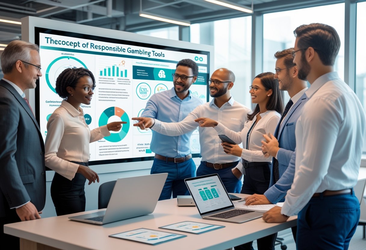 A group of adults in an office collaborating around a digital touchscreen displaying charts and icons related to safe gambling tools.
