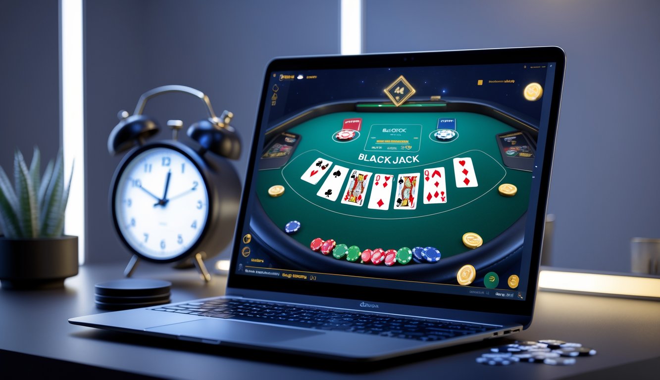 Sebuah meja blackjack digital di layar komputer dengan suasana bermain yang nyaman dan lampu lembut di malam hari.
