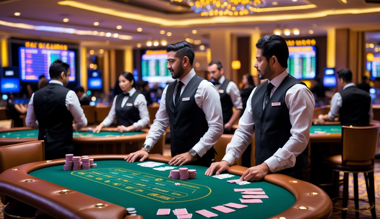Suasana kasino langsung yang mewah dengan dealer dan meja permainan yang rapi.