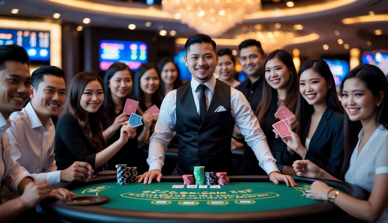 Seorang dealer kasino profesional dengan pemain yang sedang bermain kartu di meja blackjack di dalam kasino mewah.