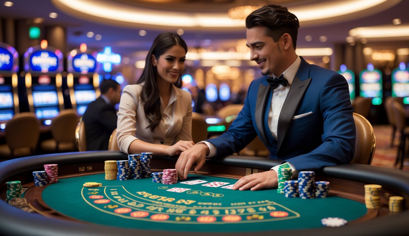 Suasana kasino langsung dengan dealer dan pemain di meja permainan hijau, dikelilingi oleh mesin slot dan pencahayaan hangat.