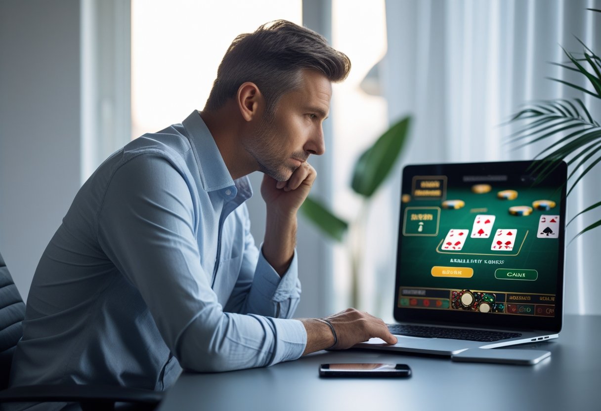 A man sitting at a desk looking thoughtfully at a laptop with a digital casino interface, with a smartphone showing a notification nearby.