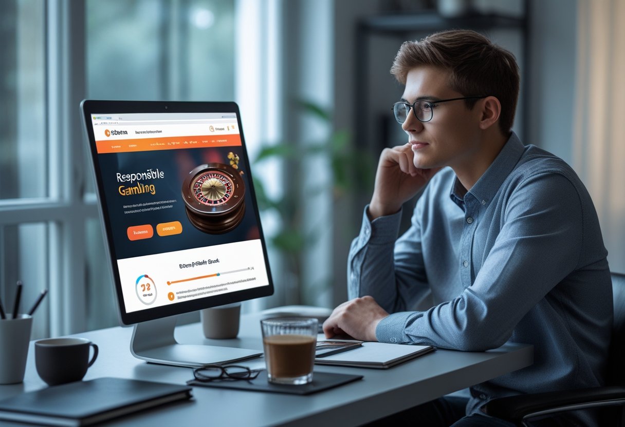 A young adult sitting at a desk using a laptop and smartphone in a bright home office, appearing thoughtful and focused.