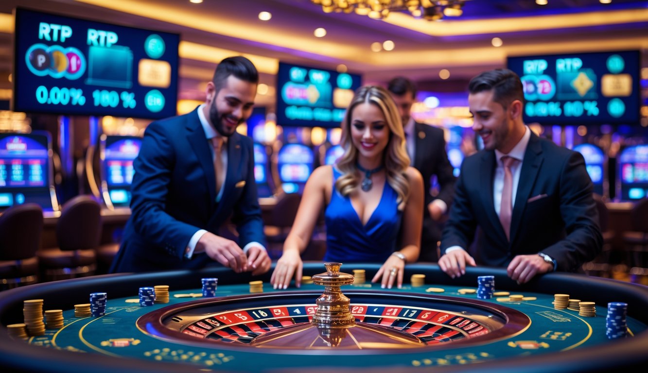 Suasana kasino langsung dengan meja roulette, pemain berpakaian rapi, dan dealer yang ramah di tengah aktivitas permainan.