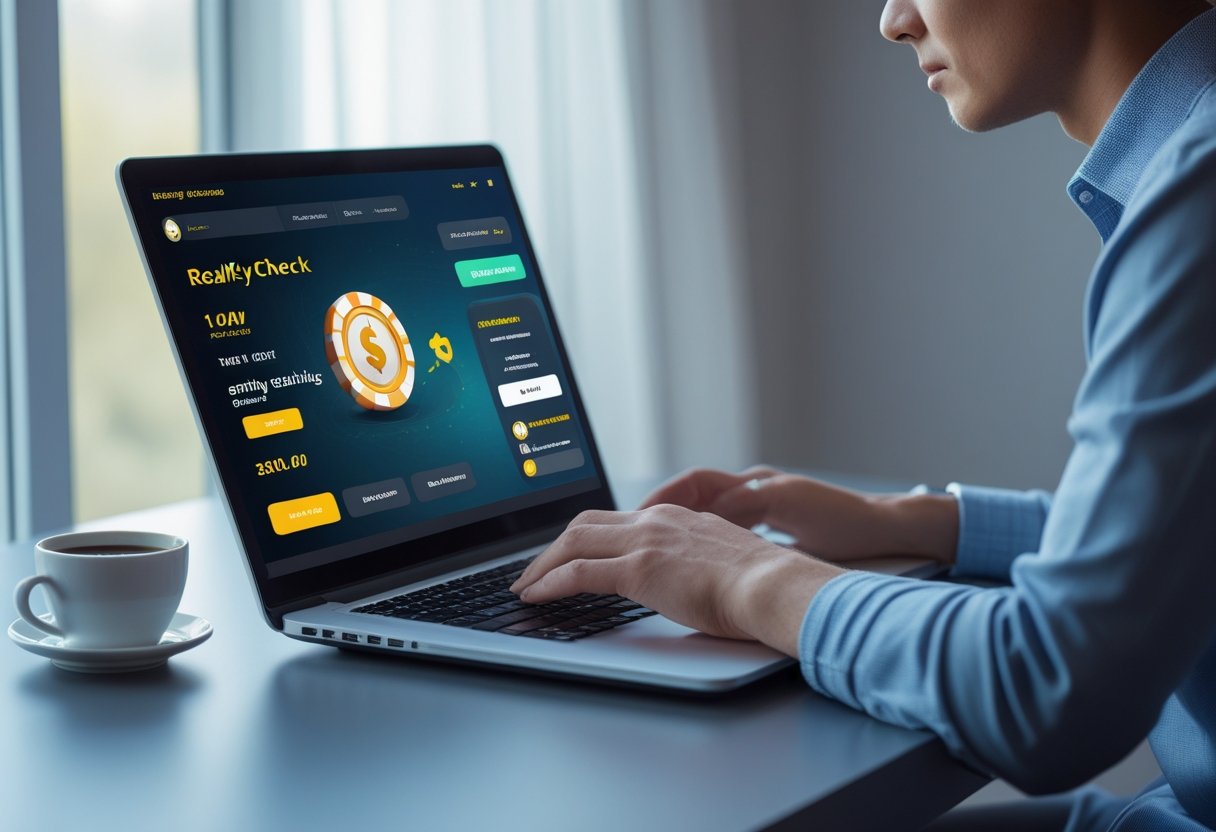 Person sitting at a desk looking thoughtfully at a laptop displaying an online gambling website with a subtle notification, in a bright room with natural light.