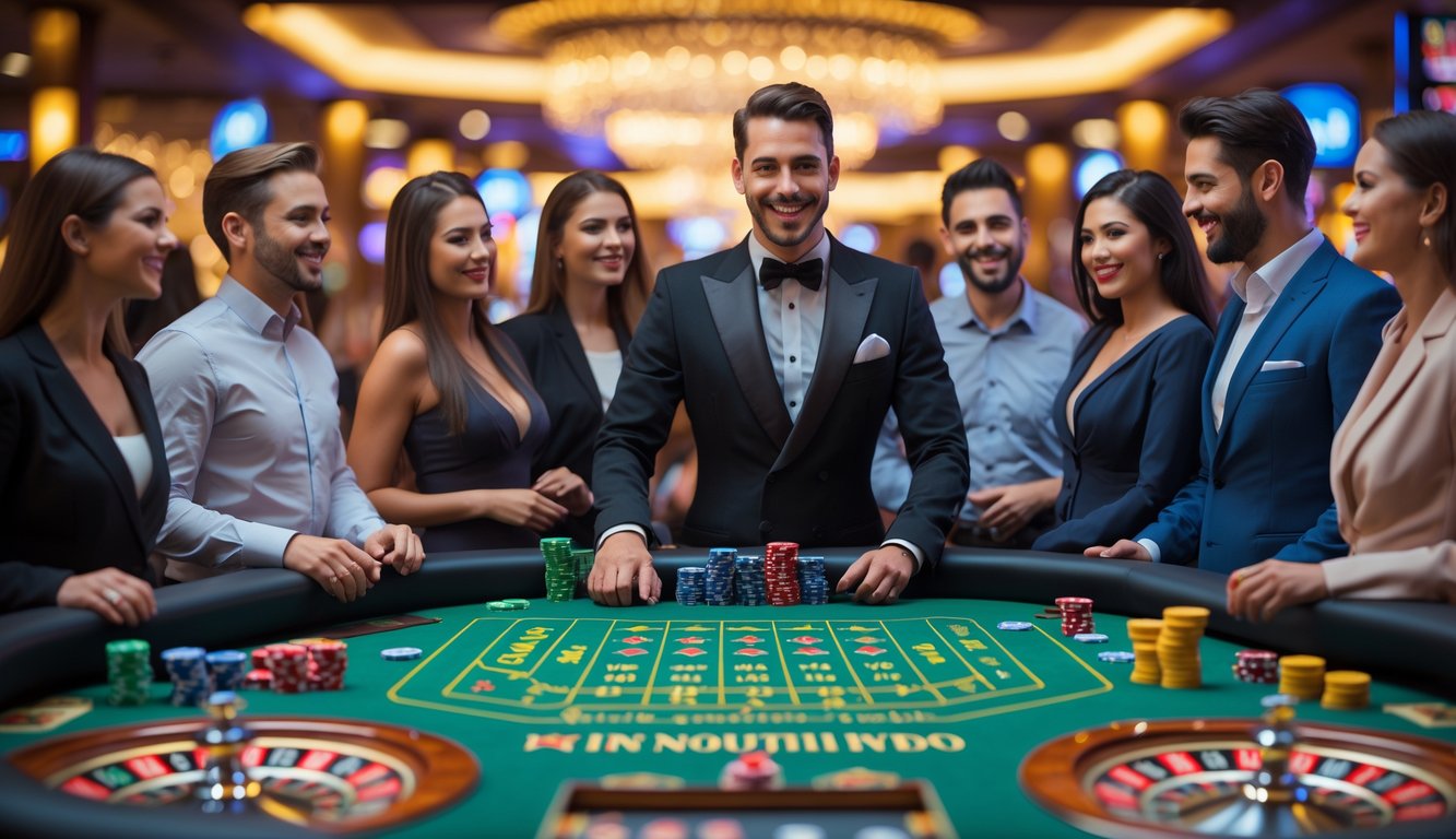 Suasana kasino langsung dengan dealer dan pemain yang sedang bermain di meja kasino dengan chip dan kartu.