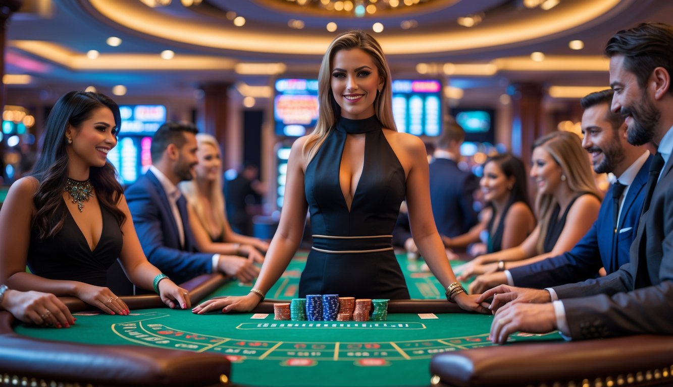 Seorang dealer wanita berdiri di meja kasino hijau dengan pemain yang fokus bermain permainan kasino langsung populer.