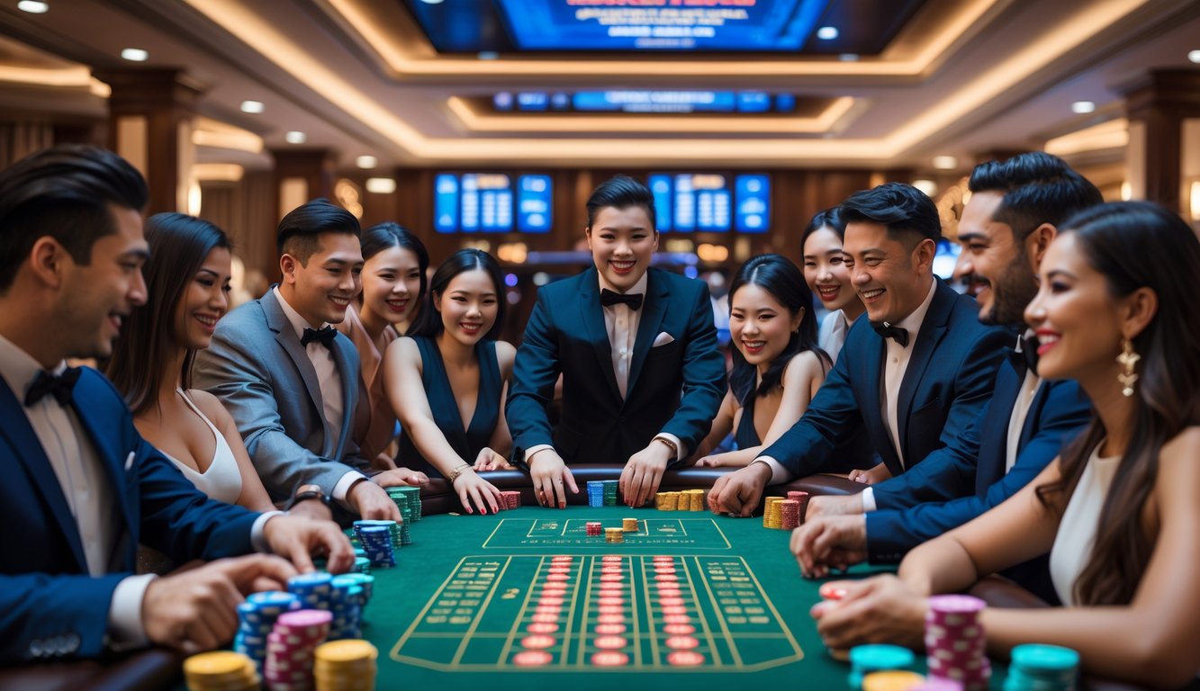 Suasana kasino langsung dengan meja permainan, pemain yang beragam, dan dealer yang ramah di dalam interior kasino yang mewah.