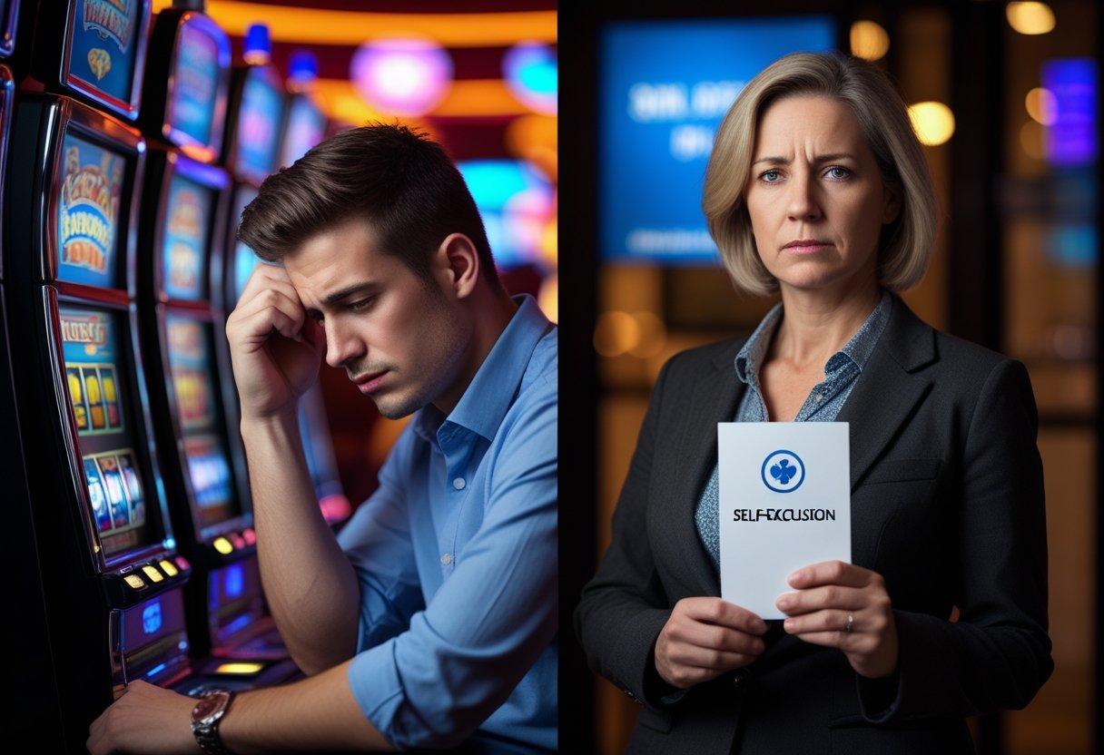 A split scene showing a man pausing at a slot machine on one side and a woman standing outside a casino entrance holding a card on the other side.