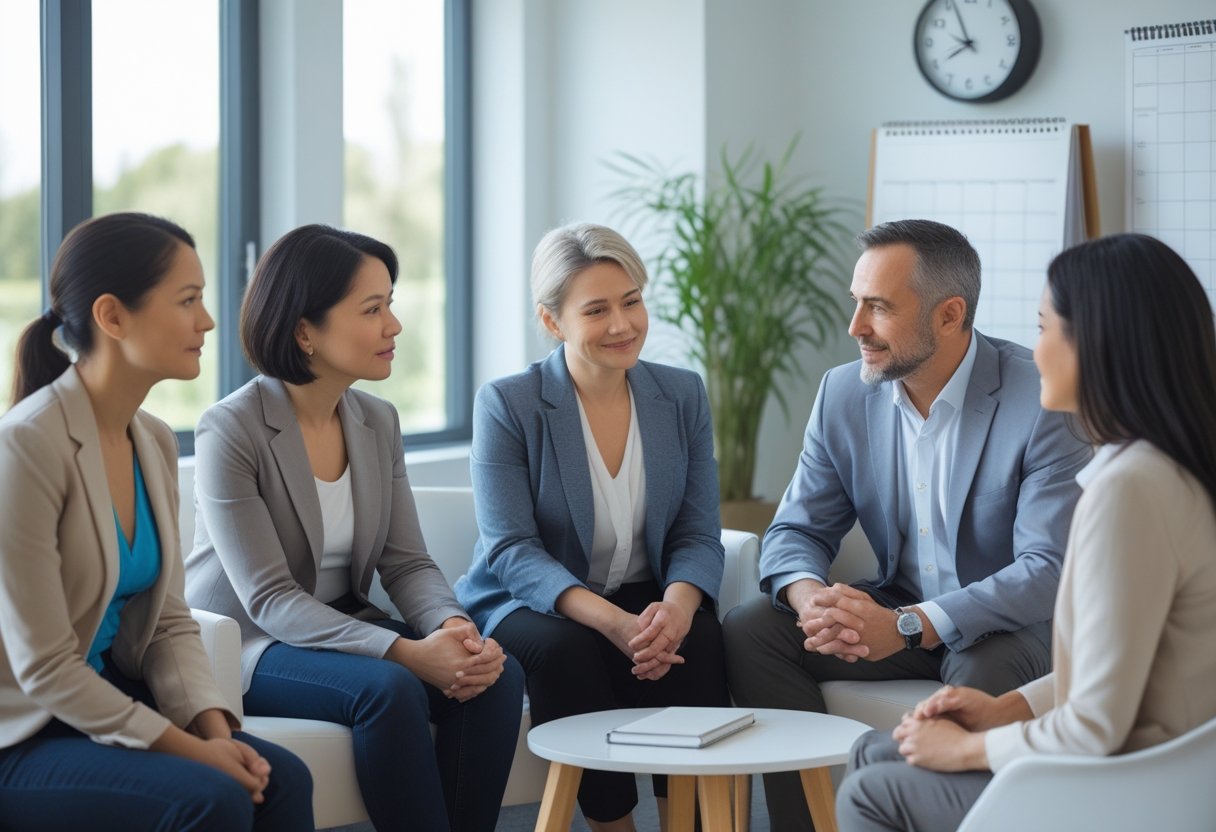 Two adults in a calm office setting, one sitting quietly and the other talking with a counselor, symbolizing taking a break and self-exclusion.