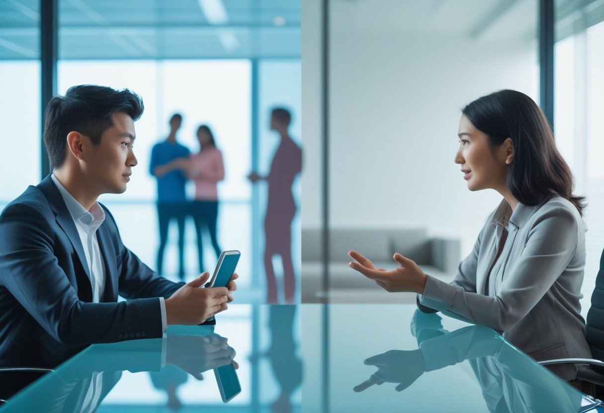 Two people in an office discussing options, with a smartphone showing a paused app, and a background split between a lively social scene and a quiet room.