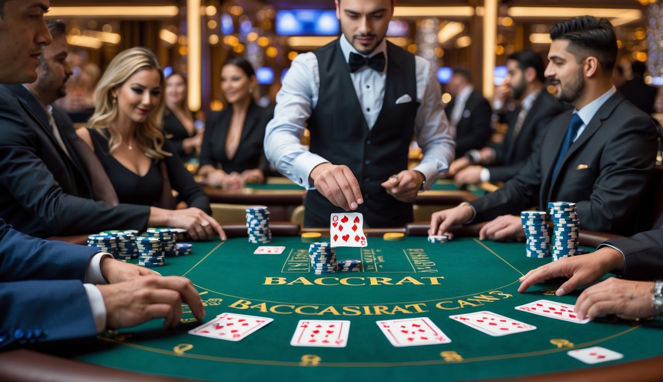 Meja baccarat kasino langsung dengan dealer dan pemain yang sedang bermain kartu.