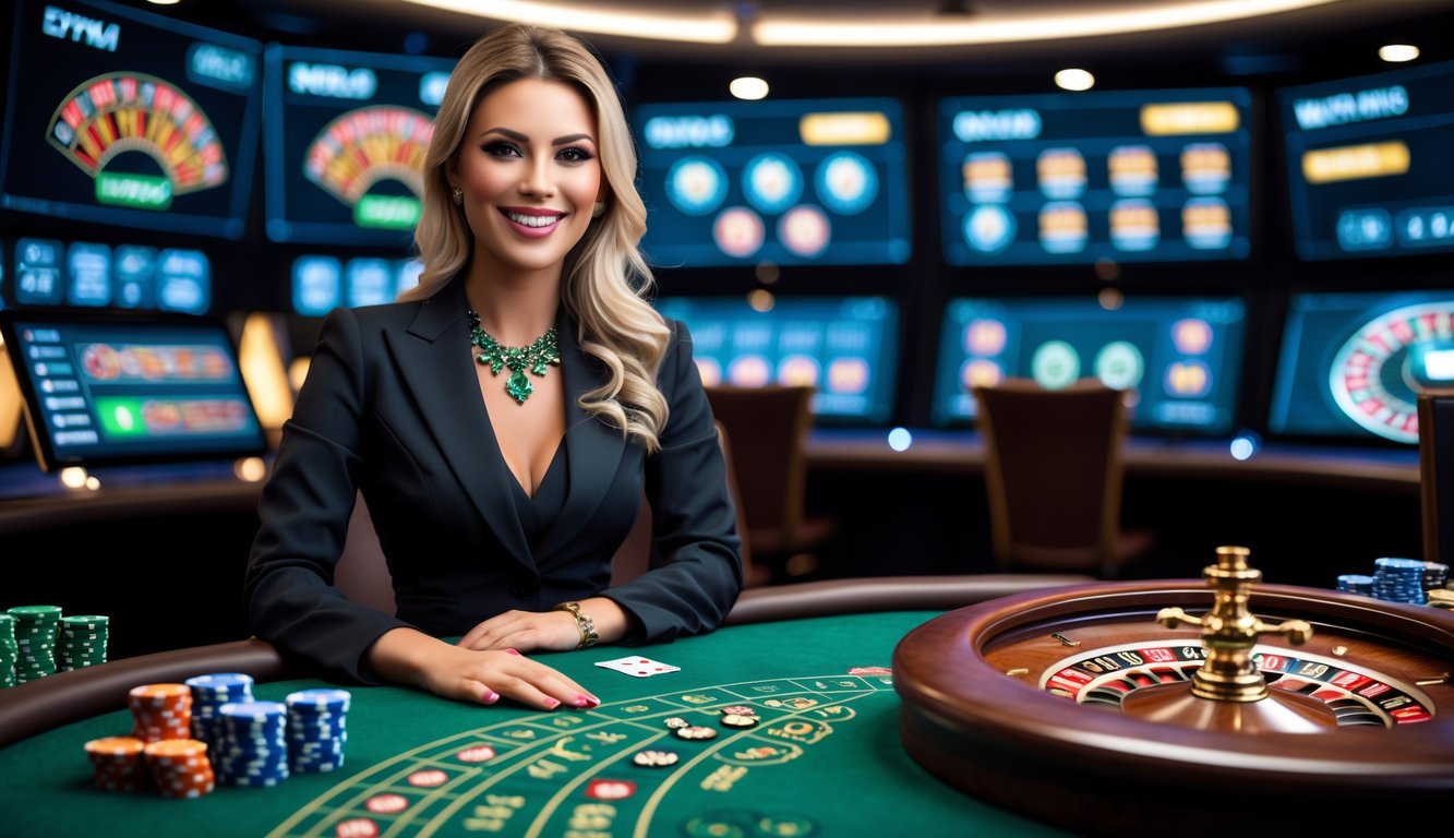 Seorang dealer wanita profesional duduk di meja kasino dengan kartu dan chip, di studio kasino online langsung.