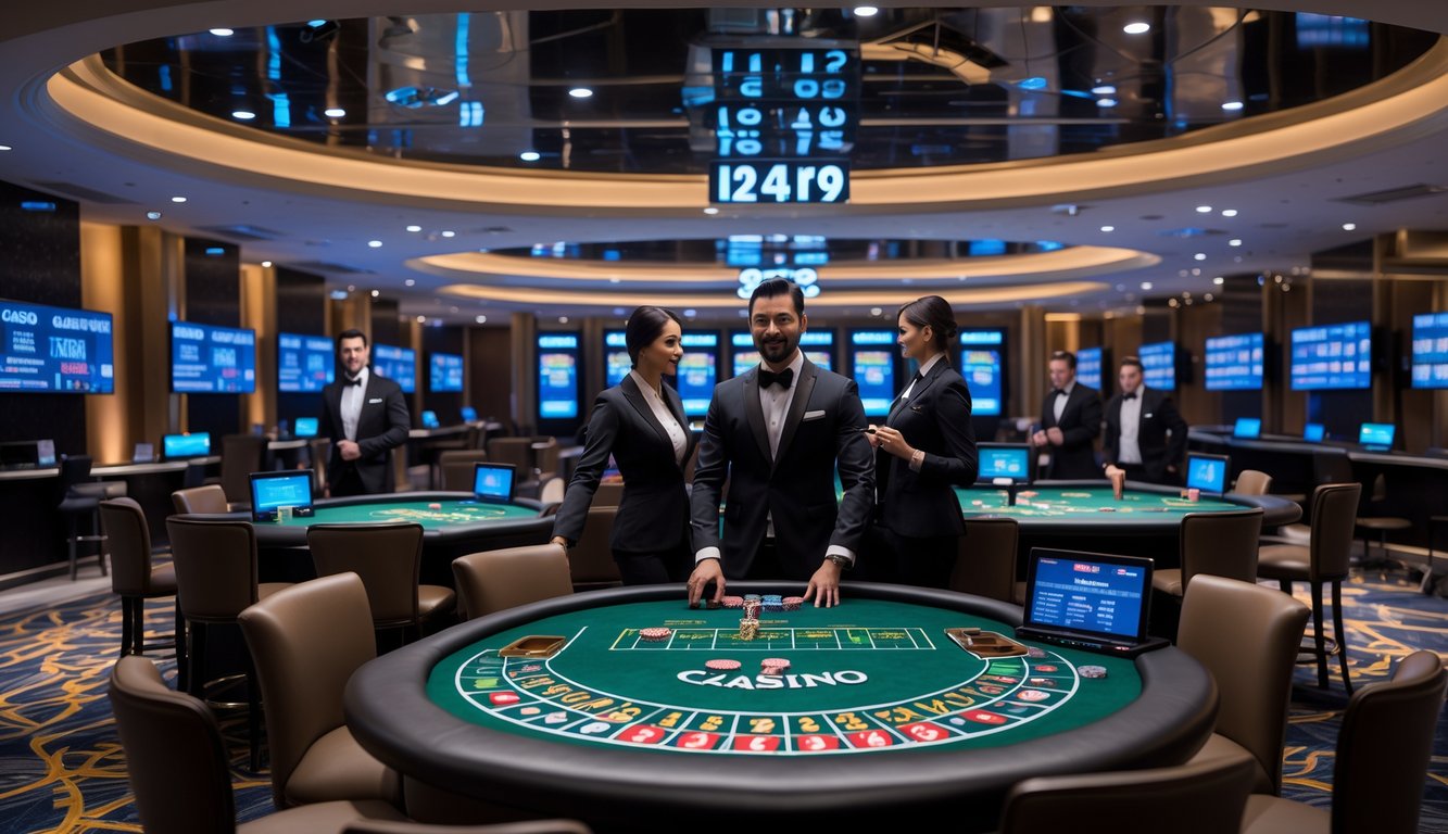 Suasana kasino langsung dengan dealer profesional dan meja permainan yang sibuk, menunjukkan layanan 24 jam.