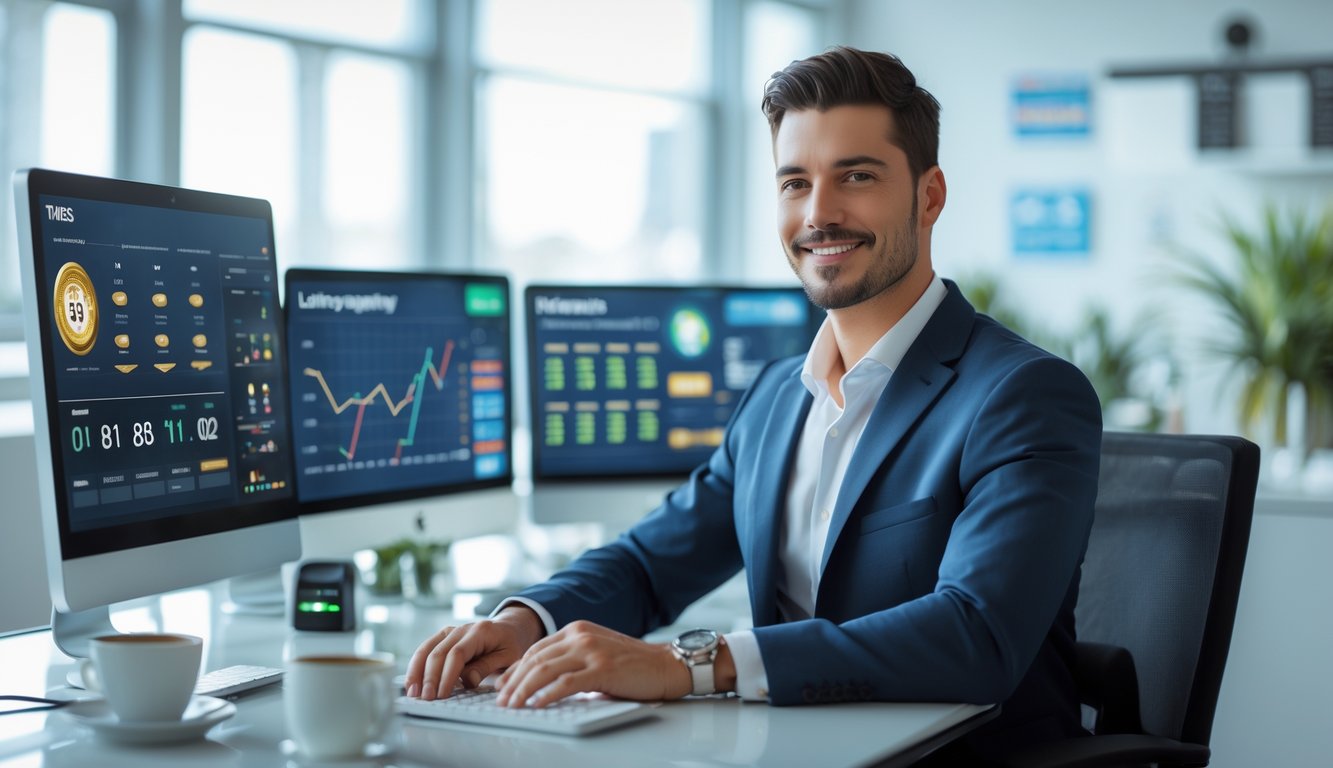 Seorang profesional duduk di meja kantor modern dengan beberapa layar komputer yang menampilkan grafik angka, menunjukkan suasana kerja yang terpercaya dan fokus pada layanan togel.