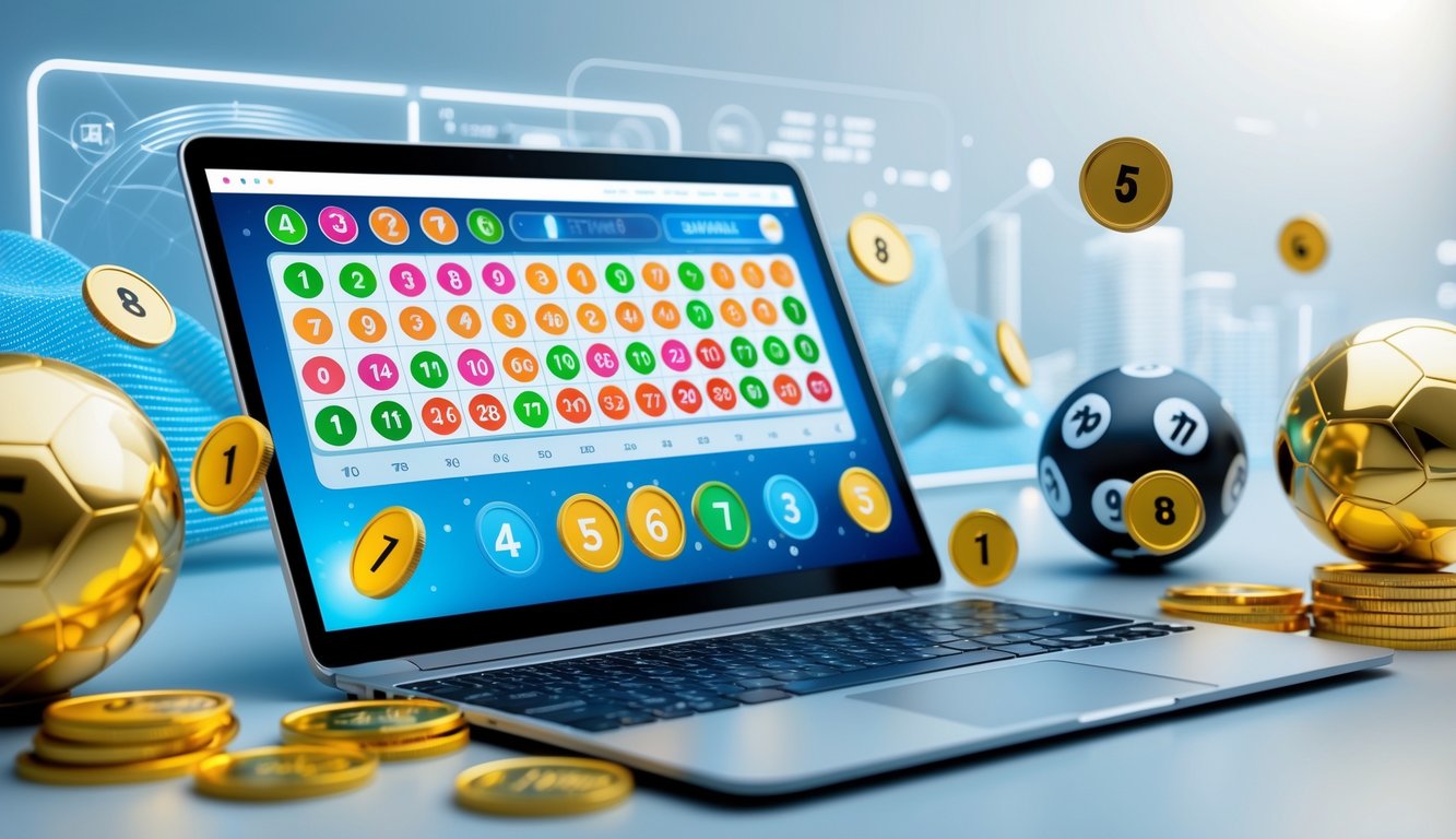 Sebuah laptop modern dengan layar menampilkan angka lotere berwarna-warni dan koin emas di sekitarnya, menggambarkan suasana permainan togel online.
