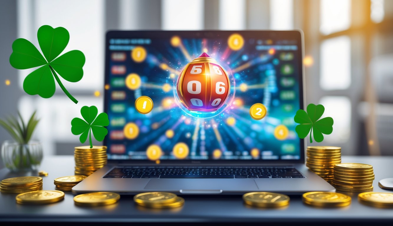 Sebuah laptop di meja kerja dengan tampilan antarmuka lotere online dan elemen keberuntungan seperti daun semanggi dan koin emas di sekitarnya.