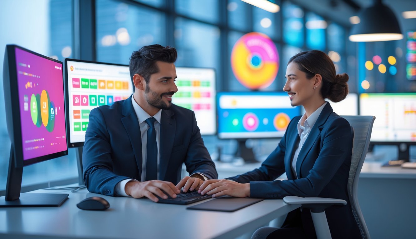 Seorang pria dan wanita duduk di meja dengan beberapa monitor komputer yang menampilkan grafik angka dan data digital di kantor modern.